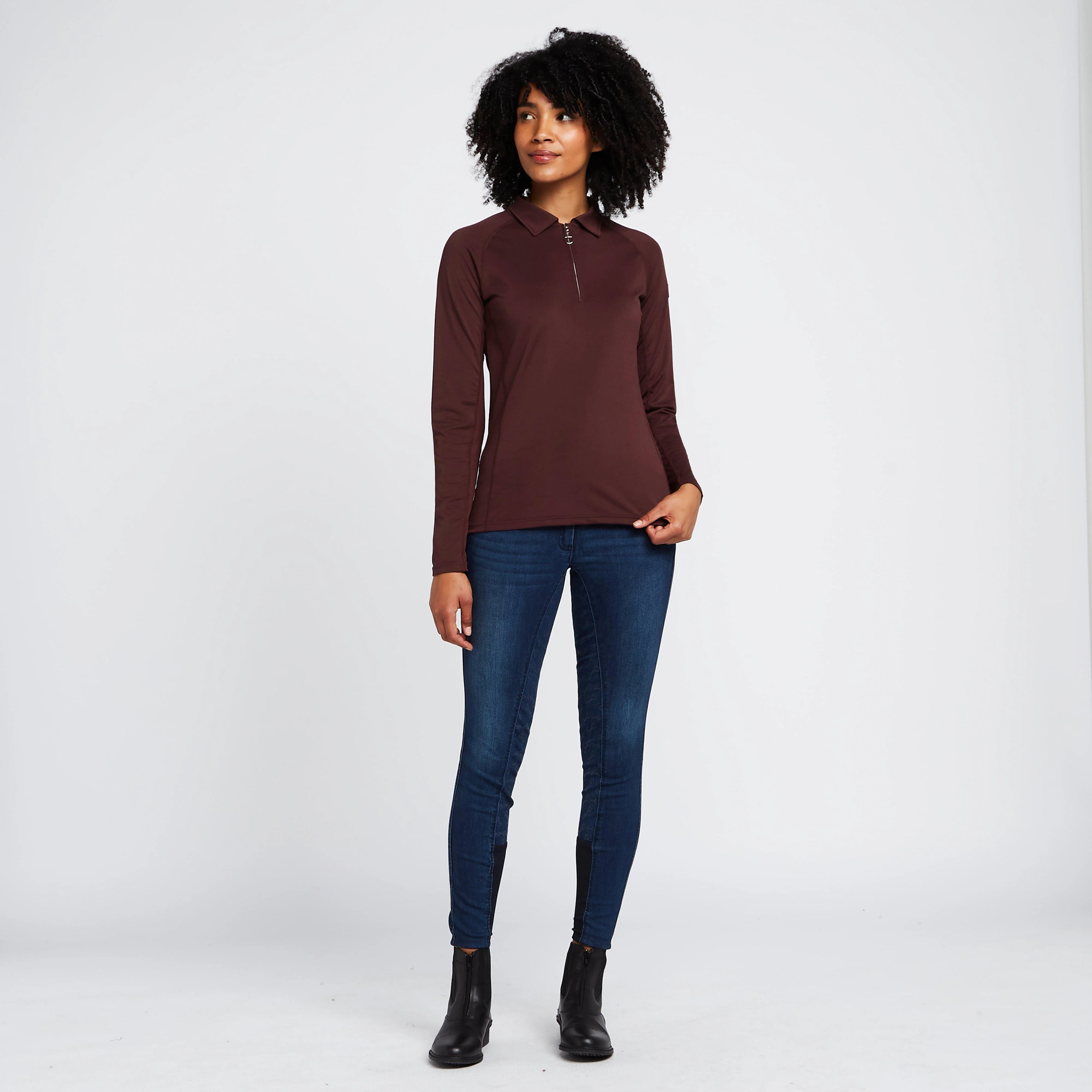 Womens Tiana Pique Long Sleeve Polo Shirt Burgundy Red Mahogany - Image 3