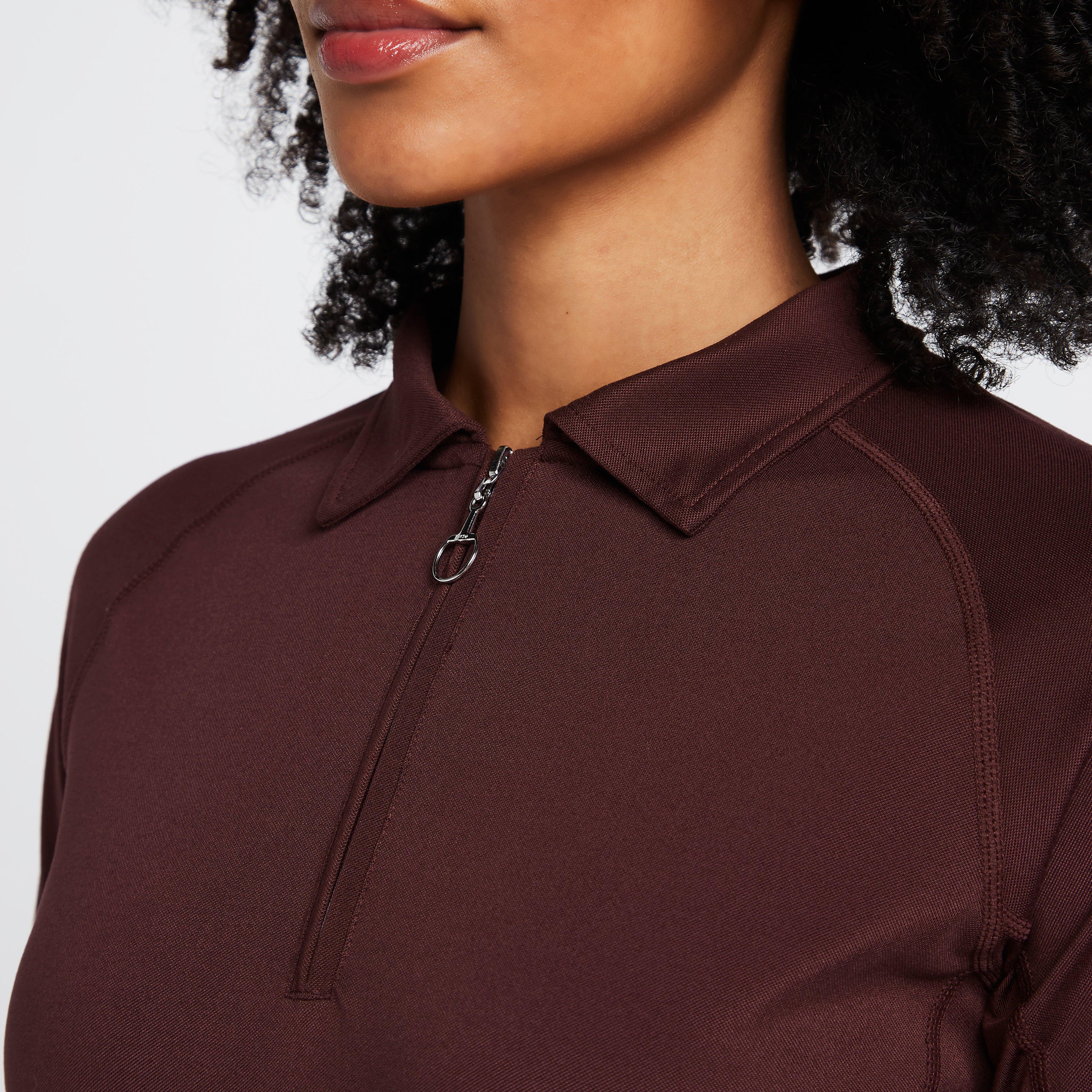 Womens Tiana Pique Long Sleeve Polo Shirt Burgundy Red Mahogany - Image 4