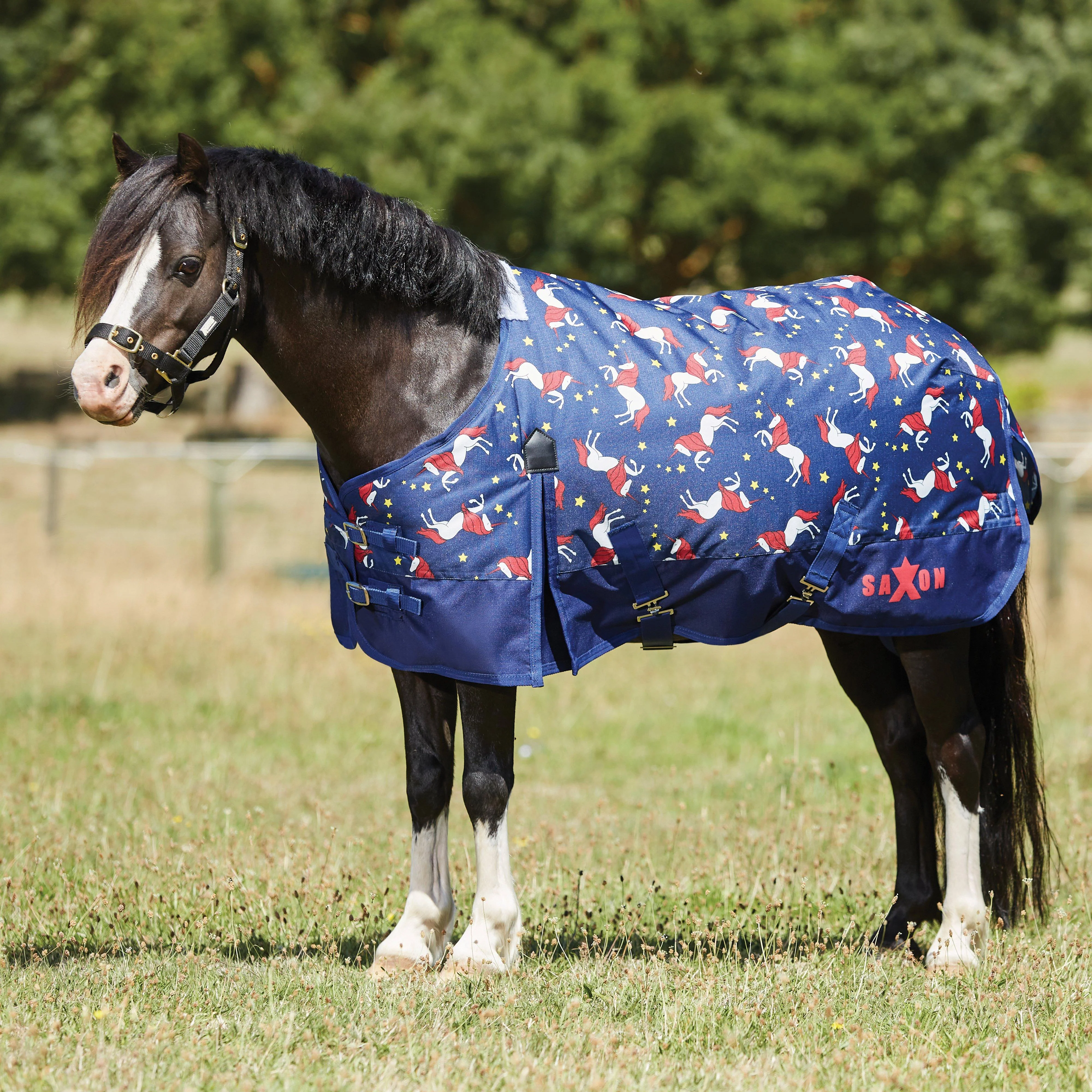 Defiant 600D Pony Standard Neck 180g Medium Turnout Rug Blue Unicorn Print - Image 2